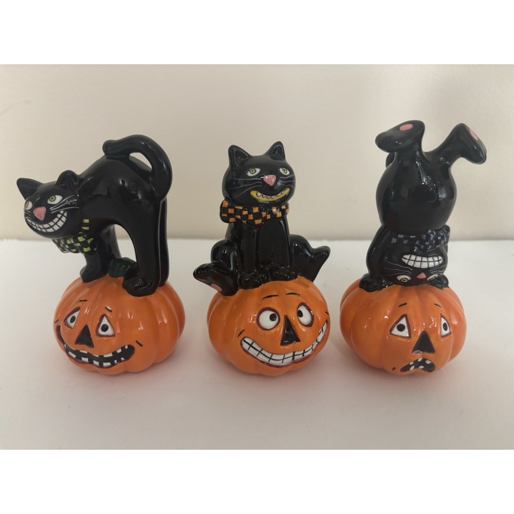 Trio of Ceramic Halloween Cat On Pumpkin Figurines Vintage Inspired Spooky